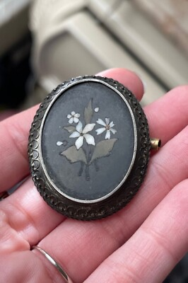 #ad Antique Pietra dura inlay stone sterling silver 10k gold victorian brooch $150.00