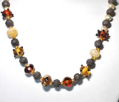 #ad Necklace Lampwork Bead pearl Gypsy Boho Beads Lovely unique amber tone BB19 $42.00