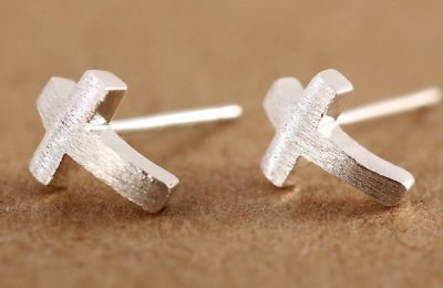 #ad Sterling Silver Curved Cross Shaped Stud Earrings $17.99