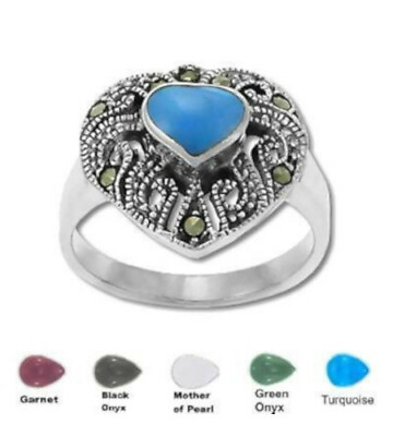 #ad Sterling Silver Genuine 7 Heart With Stone Marcasite Ring Choose Size amp; Stone $21.99