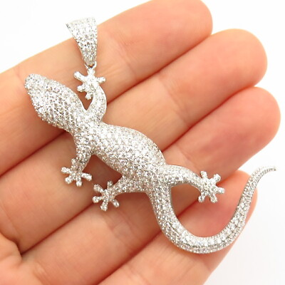 #ad 925 Sterling Silver Pave C Z Lizard Gecko Large Pendant $60.99
