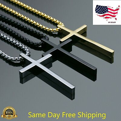 #ad Men#x27;s Fashion Jewelry Plain Charm Silver Plated Cross Pendant Chain Necklace $3.99