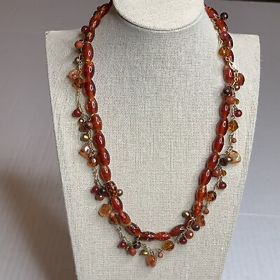 #ad Double Strand Necklace Glass Bead Crystal Amber Red Statement $7.41