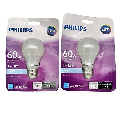 #ad Philips Replacement Bulbs Set of Two 60w 9w LED Daylight Dimmable A19 Bulb NIP $16.00