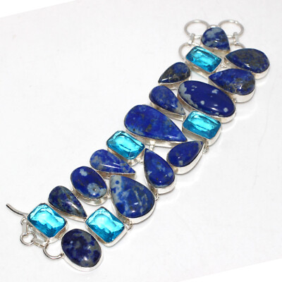 #ad 925 Silver Plated Lapis Lazuli Blue Topaz Big Cluster Gemstone Bracelet 8quot; GW $19.99