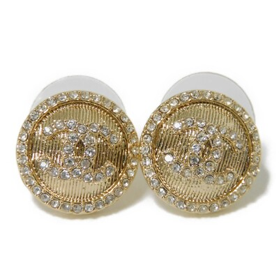 #ad AUTHENTIC CHANEL Round crystal COCO Mark earring Rhinestone Studs Champagn... $456.00