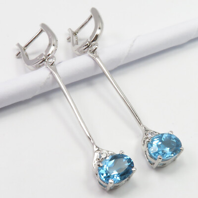 #ad High Quality BULE TOPAZ amp; CZ Rhodium Plated Earrings 2.0quot; 925 Pure Silver Bijoux $175.00