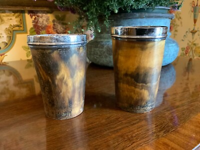 #ad Pair English Victorian Silver Rimmed Antler Cups C1880 $355.00