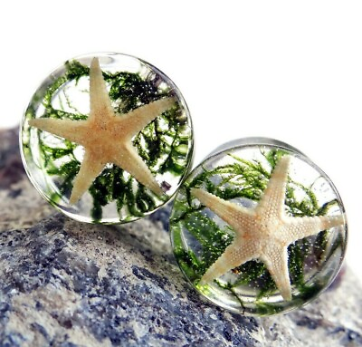 #ad Nautical Jewelry Plug Earrings Resin Ear Gauges and Tunnels Moss Starfish 1 Pair $39.00