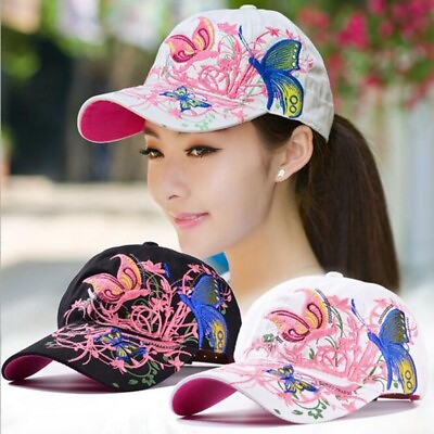 #ad Baseball Cap for Women With Butterflies and Flower Embroidery Adjustable Fashion $13.54
