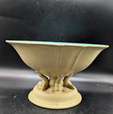 #ad Vintage Art Deco Cowen Pottery Pedestal Console Bowl Yellow Green 10?5quot; $119.99