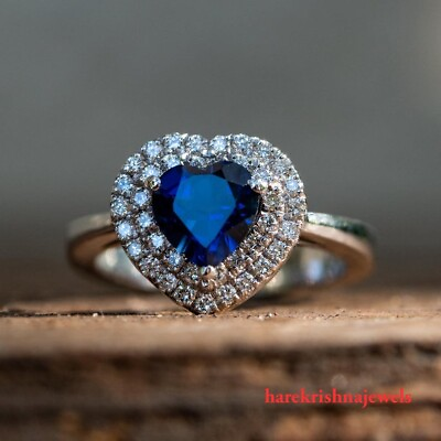 #ad Lab Created 1.60CT Heart Shape Blue Sapphire Engagement Halo Ring 14K Gold Over $138.13