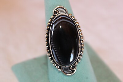 #ad Black Agate Ring Size 11.5 in 925 Sterling Setting $20.00