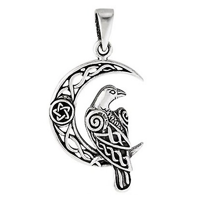 #ad Norse Raven Pendant 925 Sterling Silver Crescent Moon Viking Crow Charm $28.99