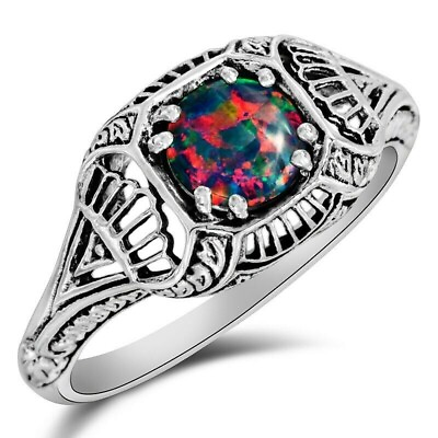 #ad Natural 1CT Red Fire Opal 925 Sterling Silver Filigree Ring Sz 678 FM2 $35.99