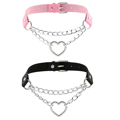 #ad Women Girls Heart Ring Chain Leather Choker Punk Rock Collar Necklace Adjustable $11.15