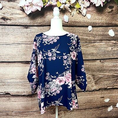 #ad Women’s Cotton Blue Pink Floral Novelty Printed Rolled Sleeve Blouse Tunic XXL $13.25