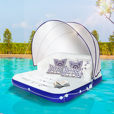 #ad 440LBS Inflatable Pool Floating Bed With Cup Holder Retractable Canopy SPF 50 $111.99