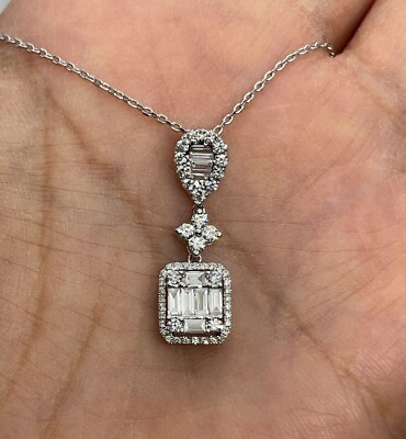 #ad 2.10Ct Baguette Cut diamond Cluster Pendant 14K White Gold Plated Silver $50.00