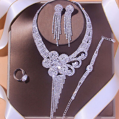 #ad 4pc Set Necklace Earring Rhinestone Jewelry Wedding Women Bridal Crystal Fashion $14.86