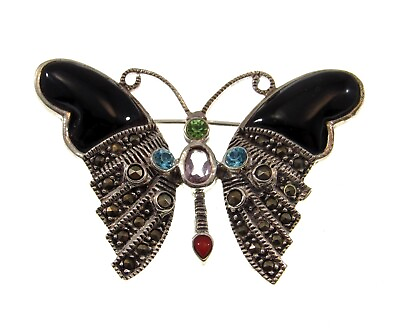 #ad Solid 925 Sterling Silver Marcasite Onyx amp; Gemstone Butterfly Pin Brooch $60.71