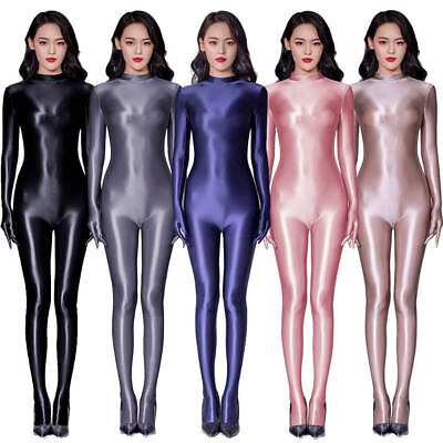 #ad Womens Shiny Satin Glossy Catsuit Lingerie Wetlook Bodysuit Jumpsuit with Gloves $25.64
