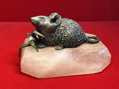 #ad Continental European Silver Enameled And Jeweled Mouse on Rose Quartz $1350.00