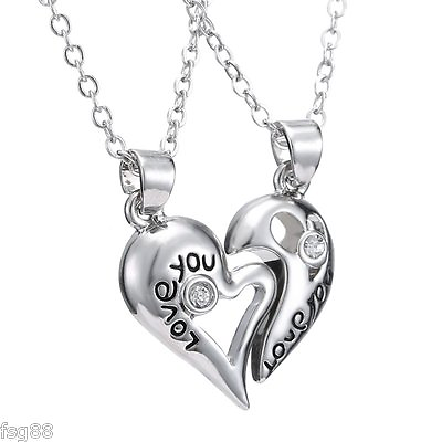 #ad NEW Love You Silver Tone Rhinestone 2 Pendants Necklace Best Friend Friendship $7.98