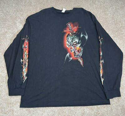 #ad Vtg Y2K Hot Leathers Skull Flames Black Long Sleeve Biker Skeleton T Shirt XL $25.49