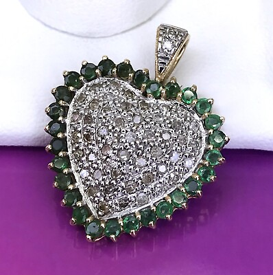 #ad 10K Gold Diamond Emerald Heart Pendant SOLID GOLD $175.00