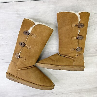 #ad BEARPAW Womens Sz 6 Lauren Tall Boots Suede Tan Winter Toggle Buttons $28.00