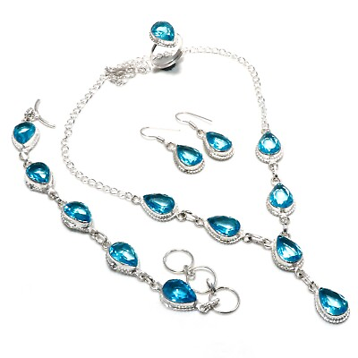 #ad 925 Sterling Silver Swiss Blue Topaz Gemstone Handmade Jewelry Sets Jewelry 18quot; $16.99