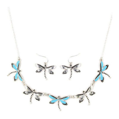 #ad Silver Plated Ocean Sea Blue Enamel Seven Dragonfly Necklace and Earrings Set $17.79