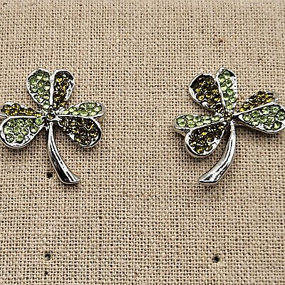 #ad Womens Earrings Shamrock Silverplated Green Gold Austrian Crystal Irish Luck NEW $16.99