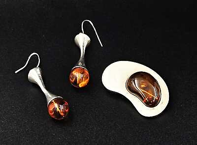 #ad E. Willy Knudsen Denmark Sterling Amber Modernist Brooch Earrings Set 1960s $175.00