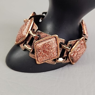 #ad Goldstone Vintage Bracelet Copper Tone Textured Squares 7.5quot; $22.00