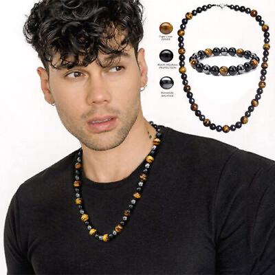 #ad Triple Protection Necklave Bracelet Tiger Eye Hematite Obsidian Jewelry Set Gift $15.19