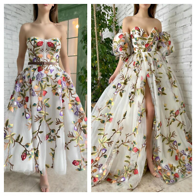 #ad Embroidery Short Floral Puff Sleeves V neck Prom Dresses Side Slit Wedding Dress $75.99