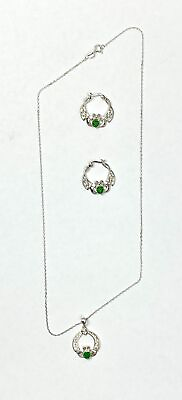 #ad Solvar Rhodium Crystal Claddagh Pedant Necklace and Earrings 18 inch Length $60.00