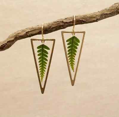 #ad Transparent Triangle Shape Green Leaf Pattern Dangle Earrings Retro Simple Style $12.98
