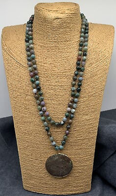 #ad Fashion 25” Long Knot stone agate beaded round pendant Necklace Handmade jewelry $21.95