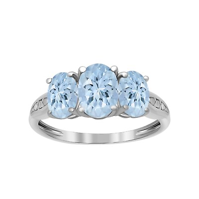 #ad Three Stone Round Aquamarine 925 Sterling Silver Women Wedding Ring SZ 7 $16.00