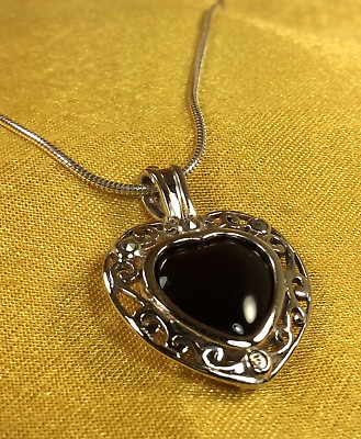 #ad LA 925 Sterling Silver Onyx Gemstone Heart Pendant W 16quot; Chain Fine Jewelry $36.95