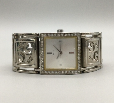 #ad Guess Watch Women Pave Silver Tone Square Dial Logo Band New Battery 7quot; $22.49