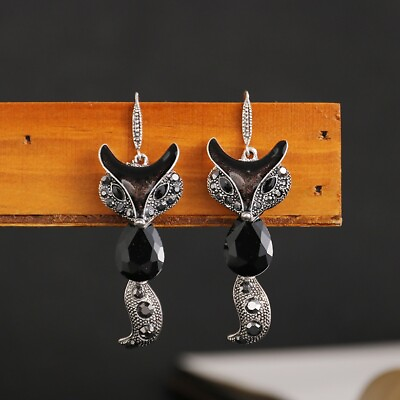 #ad Unique Retro Silver Black Color Crystal Cat Dangle Hook Earrings $10.97