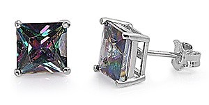 #ad Sterling Silver Rainbow Topaz CZ Stud Earrings Square Princess Cut High Quality $8.99