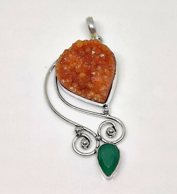 #ad Natural Orange Druzy Green Onyx Handmade Fashion Jewelry Pendant 2.75quot; $1.99