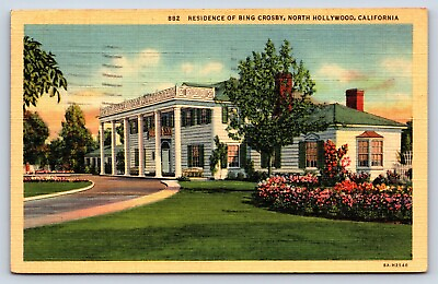#ad Postcard CA North Hollywood Home Residence Bing Crosby Floral Garden Linen D8 $7.97