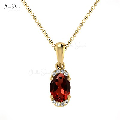 #ad Oval Garnet amp; Genuine Diamond Half Halo Pendant Necklace 14K Gold Charm Jewelry $224.50
