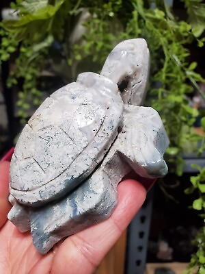 #ad 310g Natural Crystal.Specimen White Moss Agate. Hand Carved. The sea turtle Tu7 $50.00